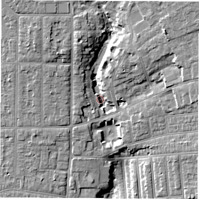 Shaded relief map of the ground around SO152NH, computed from Environment Agency LiDAR. The ground here sits at about 15 m above sea level and falls 19 m across the surrounding 800 m. Surface water reaching this point runs off ground lying to the north-east, 13.5 m higher.