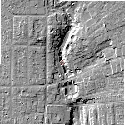 Shaded relief map of the ground around SO152NJ, computed from Environment Agency LiDAR. The ground here sits at about 15 m above sea level and falls 18 m across the surrounding 800 m. Surface water reaching this point runs off ground lying to the north-east, 13.5 m higher.