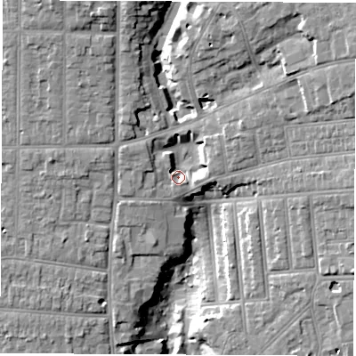 Shaded relief map of the ground around SO152PF, computed from Environment Agency LiDAR. The ground here sits at about 15 m above sea level and falls 20 m across the surrounding 800 m. Surface water reaching this point runs off ground lying to the west-north-west, 2.4 m higher.