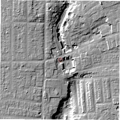 Shaded relief map of the ground around SO152PR, computed from Environment Agency LiDAR. The ground here sits at about 16 m above sea level and falls 21 m across the surrounding 800 m. Surface water reaching this point runs off ground lying to the west-south-west, 5.3 m higher.