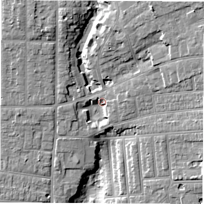 Shaded relief map of the ground around SO152PX, computed from Environment Agency LiDAR. The ground here sits at about 15 m above sea level and falls 21 m across the surrounding 800 m. Surface water reaching this point runs off ground lying to the north-north-east, 13.6 m higher.