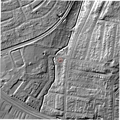 Shaded relief map of the ground around SO154HX, computed from Environment Agency LiDAR. The ground here sits at about 6 m above sea level and falls 18 m across the surrounding 800 m. Surface water reaching this point runs off ground lying to the east, 1.6 m higher.