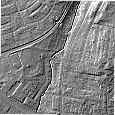 Shaded relief map of the ground around SO154HY, computed from Environment Agency LiDAR. The ground here sits at about 6 m above sea level and falls 17 m across the surrounding 800 m. Surface water reaching this point runs off ground lying to the north, 5.1 m higher.