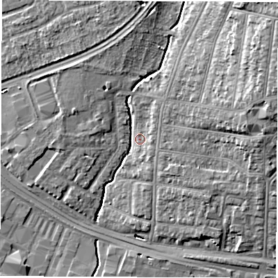 Shaded relief map of the ground around SO154HZ, computed from Environment Agency LiDAR. The ground here sits at about 5 m above sea level and falls 16 m across the surrounding 800 m. Surface water reaching this point runs off ground lying to the north, 6.1 m higher.
