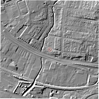 Shaded relief map of the ground around SO154JJ, computed from Environment Agency LiDAR. The ground here sits at about 4 m above sea level and falls 17 m across the surrounding 800 m. Surface water reaching this point runs off ground lying to the north-east, 2.0 m higher.