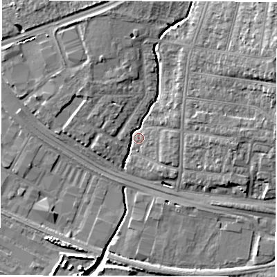 Shaded relief map of the ground around SO154JL, computed from Environment Agency LiDAR. The ground here sits at about 3 m above sea level and falls 14 m across the surrounding 800 m. Surface water reaching this point runs off ground lying to the north-east, 12.3 m higher.