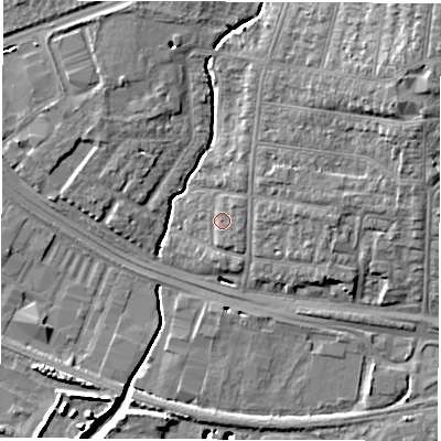 Shaded relief map of the ground around SO154JN, computed from Environment Agency LiDAR. The ground here sits at about 5 m above sea level and falls 19 m across the surrounding 800 m. Surface water reaching this point runs off ground lying to the north-east, 1.3 m higher.
