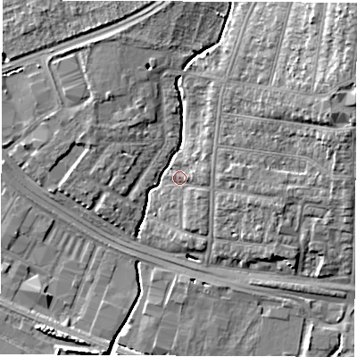 Shaded relief map of the ground around SO154JP, computed from Environment Agency LiDAR. The ground here sits at about 4 m above sea level and falls 15 m across the surrounding 800 m. Surface water reaching this point runs off ground lying to the north-east, 11.9 m higher.