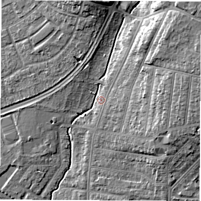 Shaded relief map of the ground around SO154LE, computed from Environment Agency LiDAR. The ground here sits at about 7 m above sea level and falls 17 m across the surrounding 800 m. Surface water reaching this point runs off ground lying to the north, 11.9 m higher.