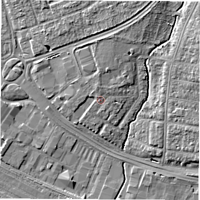Shaded relief map of the ground around SO154PB, computed from Environment Agency LiDAR. The ground here sits at about 6 m above sea level and falls 9 m across the surrounding 800 m. Surface water reaching this point runs off ground lying to the north-north-west, 1.4 m higher.