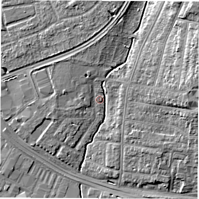 Shaded relief map of the ground around SO154PG, computed from Environment Agency LiDAR. The ground here sits at about 5 m above sea level and falls 17 m across the surrounding 800 m. Surface water reaching this point runs off ground lying to the north-north-east, 5.6 m higher.