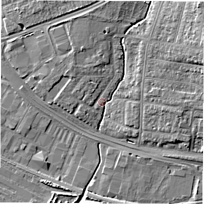 Shaded relief map of the ground around SO154PH, computed from Environment Agency LiDAR. The ground here sits at about 4 m above sea level and falls 12 m across the surrounding 800 m. Surface water reaching this point runs off ground lying to the north-east, 11.2 m higher.