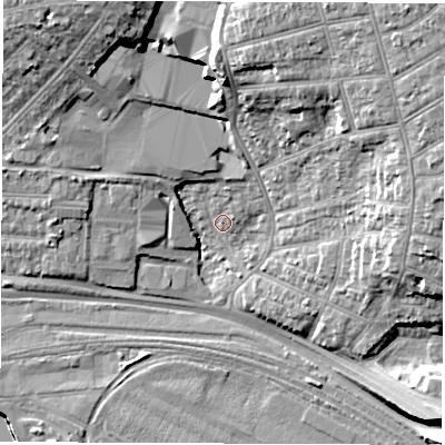 Shaded relief map of the ground around SO158RH, computed from Environment Agency LiDAR. The ground here sits at about 5 m above sea level and falls 21 m across the surrounding 800 m. Surface water reaching this point runs off ground lying to the north-north-east, 4.3 m higher.