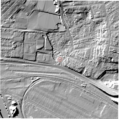 Shaded relief map of the ground around SO158RR, computed from Environment Agency LiDAR. The ground here sits at about 3 m above sea level and falls 20 m across the surrounding 800 m. Surface water reaching this point runs off ground lying to the north-east, 16.0 m higher.