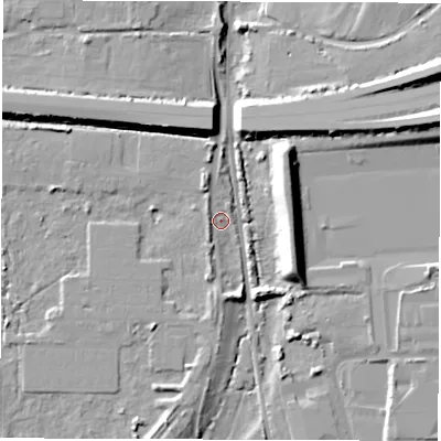 Shaded relief map of the ground around SO160YD, computed from Environment Agency LiDAR. The ground here sits at about 7 m above sea level and falls 17 m across the surrounding 800 m. Surface water reaching this point runs off ground lying to the west-south-west, 2.6 m higher.
