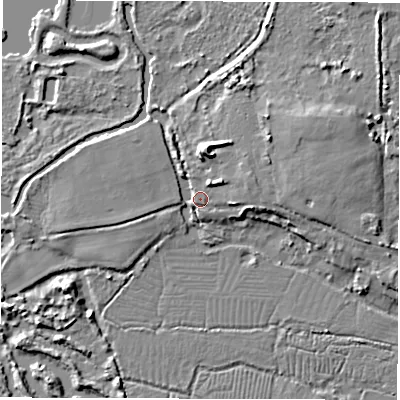 Shaded relief map of the ground around SO160YE, computed from Environment Agency LiDAR. The ground here sits at about 6 m above sea level and falls 8 m across the surrounding 800 m. Surface water reaching this point runs off ground lying to the north, 6.5 m higher.
