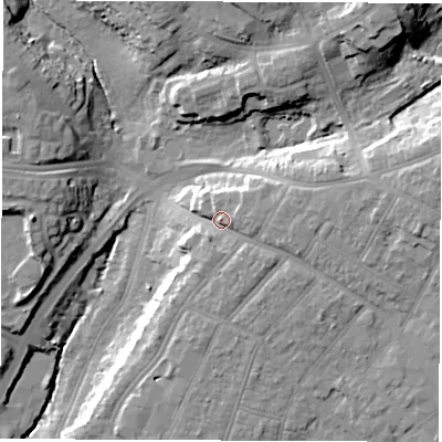 Shaded relief map of the ground around SO164DP, computed from Environment Agency LiDAR. The ground here sits at about 21 m above sea level and falls 22 m across the surrounding 800 m. Surface water reaching this point runs off ground lying to the east, 7.0 m higher.