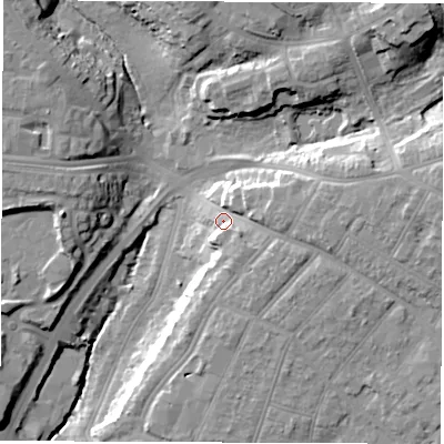 Shaded relief map of the ground around SO164DQ, computed from Environment Agency LiDAR. The ground here sits at about 17 m above sea level and falls 22 m across the surrounding 800 m. Surface water reaching this point runs off ground lying to the east, 9.8 m higher.