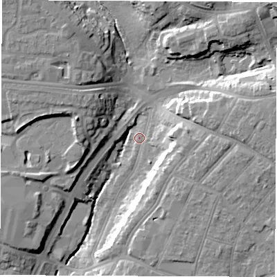 Shaded relief map of the ground around SO164DS, computed from Environment Agency LiDAR. The ground here sits at about 11 m above sea level and falls 21 m across the surrounding 800 m. Surface water reaching this point runs off ground lying to the east, 14.0 m higher.