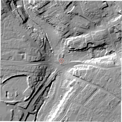 Shaded relief map of the ground around SO164DT, computed from Environment Agency LiDAR. The ground here sits at about 12 m above sea level and falls 23 m across the surrounding 800 m. Surface water reaching this point runs off ground lying to the north-east, 19.3 m higher.