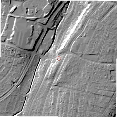 Shaded relief map of the ground around SO164LJ, computed from Environment Agency LiDAR. The ground here sits at about 14 m above sea level and falls 19 m across the surrounding 800 m. Surface water reaching this point runs off ground lying to the north-east, 10.1 m higher.