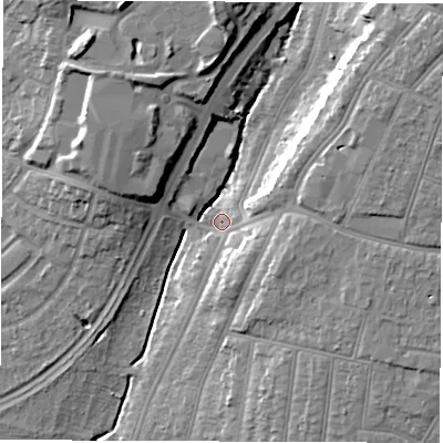 Shaded relief map of the ground around SO164LL, computed from Environment Agency LiDAR. The ground here sits at about 9 m above sea level and falls 18 m across the surrounding 800 m. Surface water reaching this point runs off ground lying to the east, 9.8 m higher.