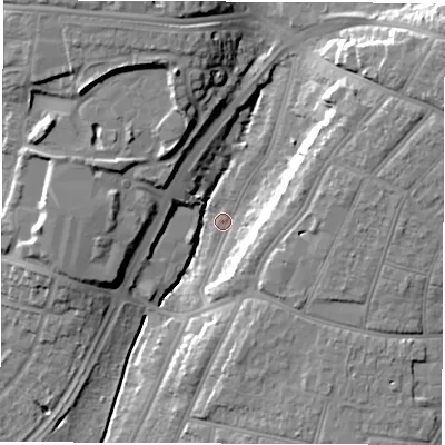 Shaded relief map of the ground around SO164LN, computed from Environment Agency LiDAR. The ground here sits at about 9 m above sea level and falls 18 m across the surrounding 800 m. Surface water reaching this point runs off ground lying to the north-east, 12.5 m higher.