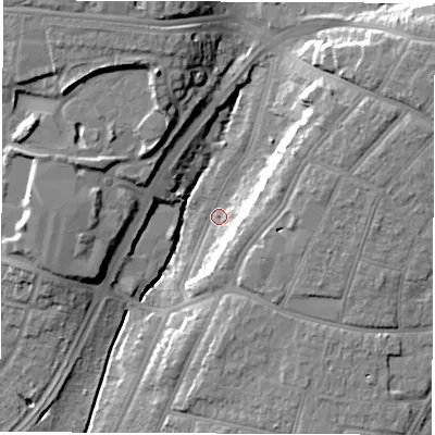 Shaded relief map of the ground around SO164LP, computed from Environment Agency LiDAR. The ground here sits at about 10 m above sea level and falls 19 m across the surrounding 800 m. Surface water reaching this point runs off ground lying to the north-east, 12.0 m higher.