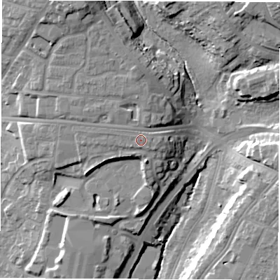 Shaded relief map of the ground around SO164LY, computed from Environment Agency LiDAR. The ground here sits at about 21 m above sea level and falls 22 m across the surrounding 800 m. Surface water reaching this point runs off ground lying to the west-north-west, 0.9 m higher.