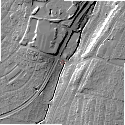 Shaded relief map of the ground around SO164NZ, computed from Environment Agency LiDAR. The ground here sits at about 9 m above sea level and falls 18 m across the surrounding 800 m. Surface water reaching this point runs off ground lying to the north-east, 15.1 m higher.