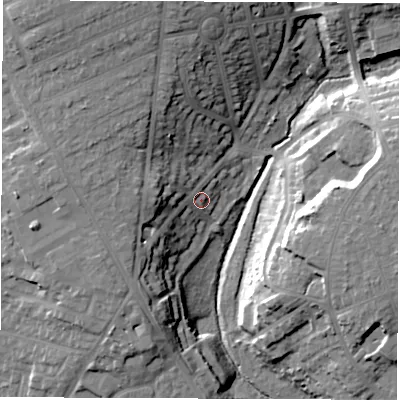 Shaded relief map of the ground around SO165FJ, computed from Environment Agency LiDAR. The ground here sits at about 19 m above sea level and falls 22 m across the surrounding 800 m. Surface water reaching this point runs off ground lying to the west, 7.5 m higher.