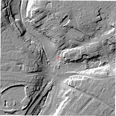 Shaded relief map of the ground around SO166BE, computed from Environment Agency LiDAR. The ground here sits at about 12 m above sea level and falls 22 m across the surrounding 800 m. Surface water reaching this point runs off ground lying to the north-north-east, 19.8 m higher.