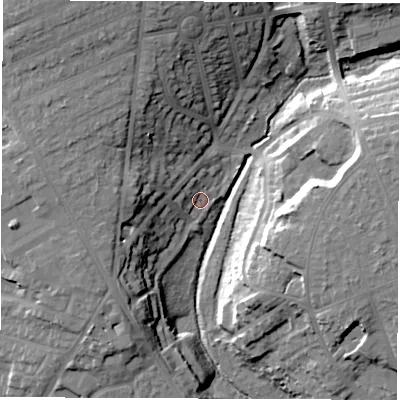 Shaded relief map of the ground around SO166FL, computed from Environment Agency LiDAR. The ground here sits at about 16 m above sea level and falls 22 m across the surrounding 800 m. Surface water reaching this point runs off ground lying to the west-north-west, 13.7 m higher.