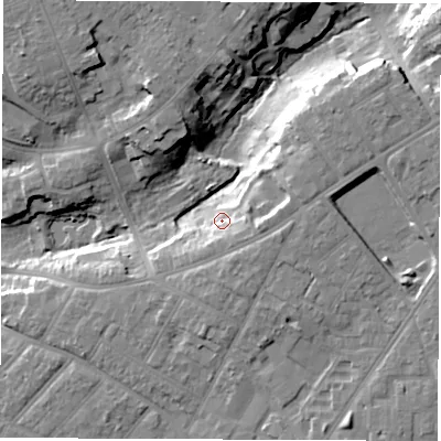 Shaded relief map of the ground around SO166GD, computed from Environment Agency LiDAR. The ground here sits at about 23 m above sea level and falls 19 m across the surrounding 800 m. Surface water reaching this point runs off ground lying to the east-south-east, 7.9 m higher.