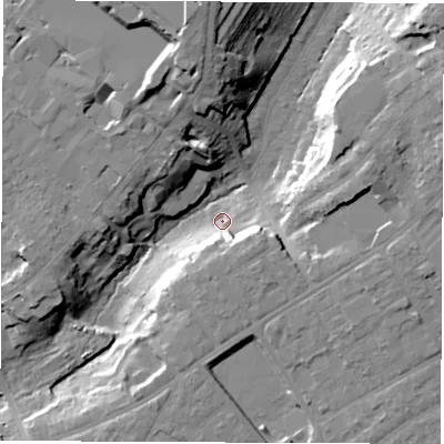 Shaded relief map of the ground around SO166PN, computed from Environment Agency LiDAR. The ground here sits at about 20 m above sea level and falls 26 m across the surrounding 800 m. Surface water reaching this point runs off ground lying to the south-east, 13.6 m higher.