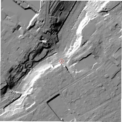 Shaded relief map of the ground around SO166QF, computed from Environment Agency LiDAR. The ground here sits at about 23 m above sea level and falls 26 m across the surrounding 800 m. Surface water reaching this point runs off ground lying to the east-north-east, 19.1 m higher.