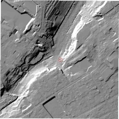 Shaded relief map of the ground around SO166QH, computed from Environment Agency LiDAR. The ground here sits at about 22 m above sea level and falls 27 m across the surrounding 800 m. Surface water reaching this point runs off ground lying to the east-north-east, 20.4 m higher.