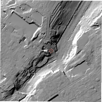 Shaded relief map of the ground around SO166QJ, computed from Environment Agency LiDAR. The ground here sits at about 26 m above sea level and falls 28 m across the surrounding 800 m. Surface water reaching this point runs off ground lying to the north-north-west, 18.8 m higher.