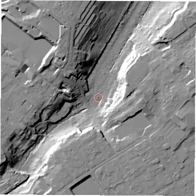 Shaded relief map of the ground around SO166QN, computed from Environment Agency LiDAR. The ground here sits at about 20 m above sea level and falls 29 m across the surrounding 800 m. Surface water reaching this point runs off ground lying to the north-east, 24.5 m higher.