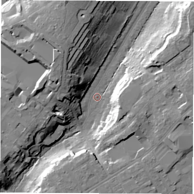 Shaded relief map of the ground around SO166QP, computed from Environment Agency LiDAR. The ground here sits at about 21 m above sea level and falls 31 m across the surrounding 800 m. Surface water reaching this point runs off ground lying to the north-east, 26.6 m higher.