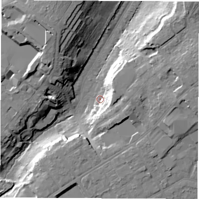 Shaded relief map of the ground around SO166QQ, computed from Environment Agency LiDAR. The ground here sits at about 22 m above sea level and falls 30 m across the surrounding 800 m. Surface water reaching this point runs off ground lying to the east-south-east, 16.5 m higher.