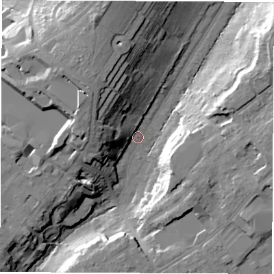 Shaded relief map of the ground around SO166QR, computed from Environment Agency LiDAR. The ground here sits at about 22 m above sea level and falls 31 m across the surrounding 800 m. Surface water reaching this point runs off ground lying to the north-west, 21.9 m higher.