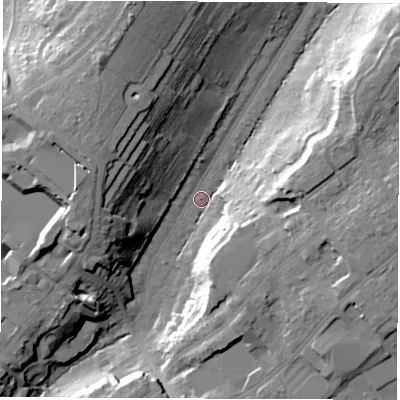 Shaded relief map of the ground around SO166QS, computed from Environment Agency LiDAR. The ground here sits at about 22 m above sea level and falls 30 m across the surrounding 800 m. Surface water reaching this point runs off ground lying to the north-east, 25.9 m higher.
