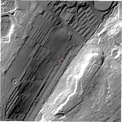 Shaded relief map of the ground around SO166QW, computed from Environment Agency LiDAR. The ground here sits at about 28 m above sea level and falls 30 m across the surrounding 800 m. Surface water reaching this point runs off ground lying to the north-west, 22.9 m higher.