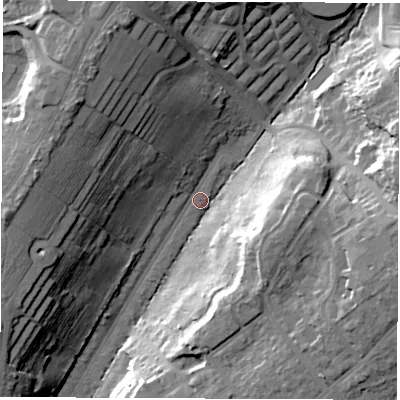 Shaded relief map of the ground around SO166QX, computed from Environment Agency LiDAR. The ground here sits at about 26 m above sea level and falls 30 m across the surrounding 800 m. Surface water reaching this point runs off ground lying to the east-south-east, 26.5 m higher.