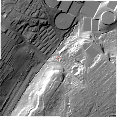 Shaded relief map of the ground around SO166SD, computed from Environment Agency LiDAR. The ground here sits at about 31 m above sea level and falls 35 m across the surrounding 800 m. Surface water reaching this point runs off ground lying to the south-east, 21.4 m higher.