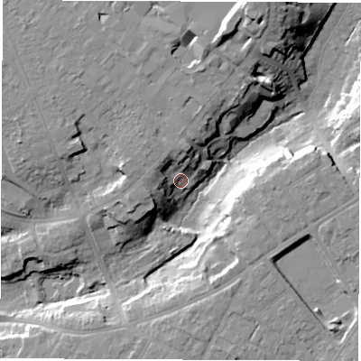 Shaded relief map of the ground around SO166SY, computed from Environment Agency LiDAR. The ground here sits at about 21 m above sea level and falls 27 m across the surrounding 800 m. Surface water reaching this point runs off ground lying to the north-north-east, 17.7 m higher.