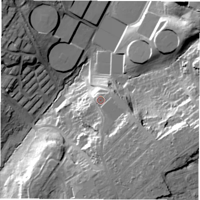 Shaded relief map of the ground around SO167AY, computed from Environment Agency LiDAR. The ground here sits at about 47 m above sea level and falls 42 m across the surrounding 800 m. Surface water reaching this point runs off ground lying to the south-east, 14.0 m higher.
