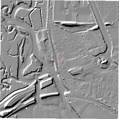 Shaded relief map of the ground around SO169BH, computed from Environment Agency LiDAR. The ground here sits at about 3 m above sea level and falls 13 m across the surrounding 800 m. Surface water reaching this point runs off ground lying to the south-east, 5.7 m higher.