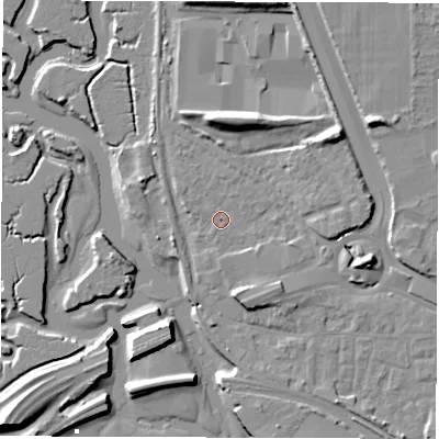 Shaded relief map of the ground around SO169BJ, computed from Environment Agency LiDAR. The ground here sits at about 3 m above sea level and falls 13 m across the surrounding 800 m. Surface water reaching this point runs off ground lying to the east-north-east, 10.3 m higher.